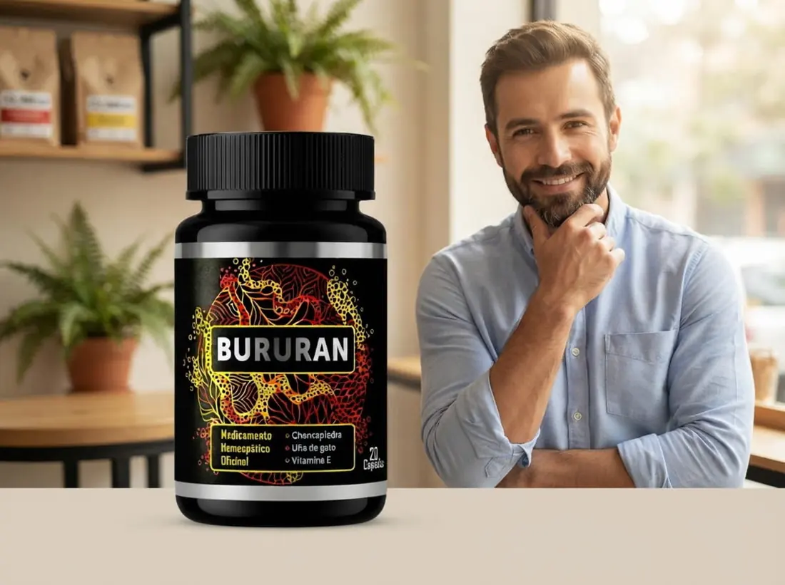Hombre adulto sonriendo con el envase de Bururan Colombia en primer plano