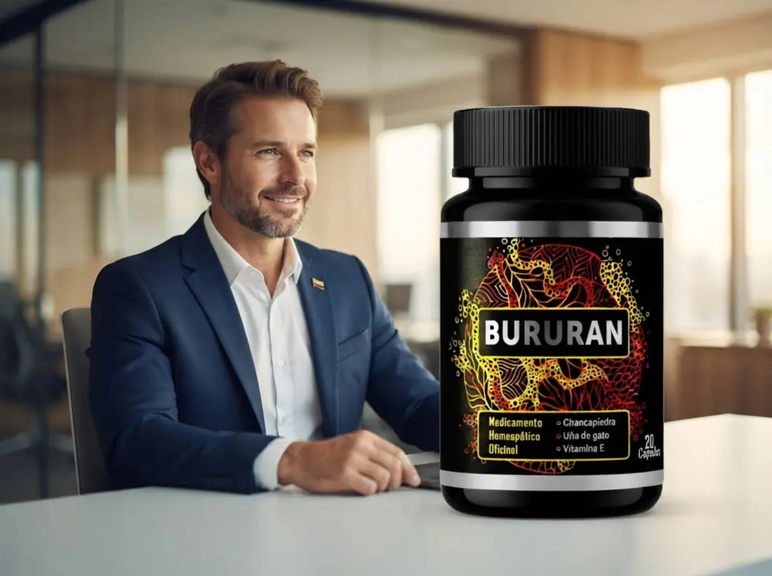 Hombre en ropa formal junto al envase de Bururan Colombia