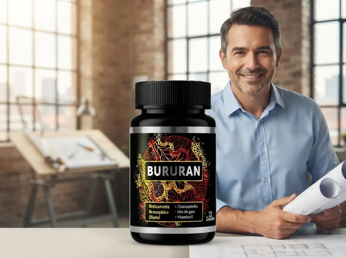 Ingeniero adulto junto al envase de Bururan Colombia