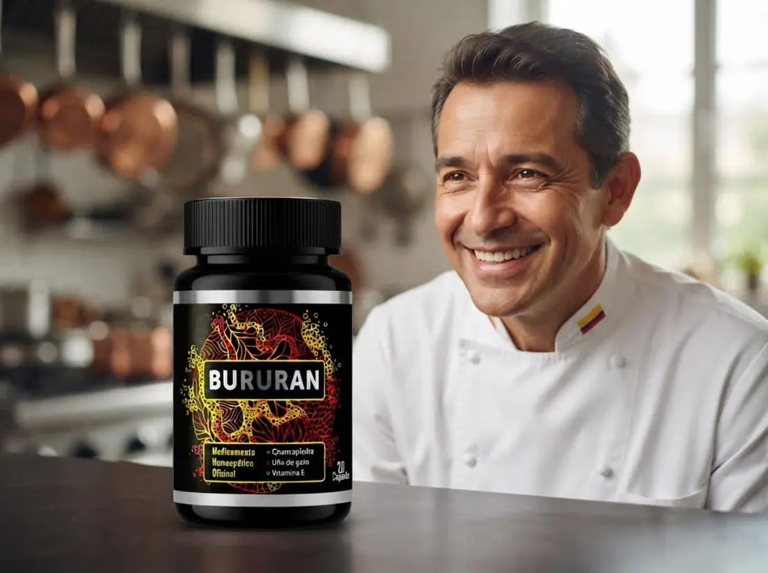 Cocinero adulto junto al envase de Bururan Colombia