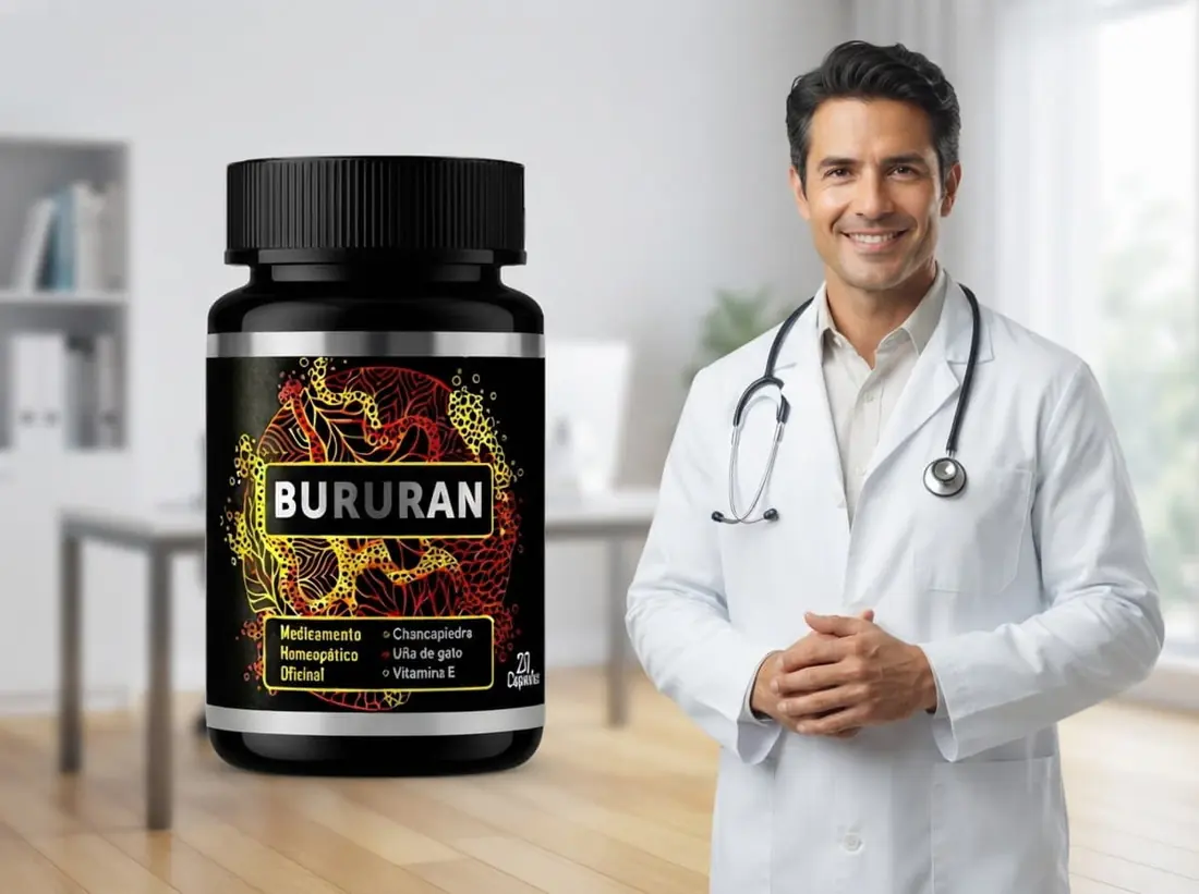 Profesional de la salud junto al envase de Bururan Colombia