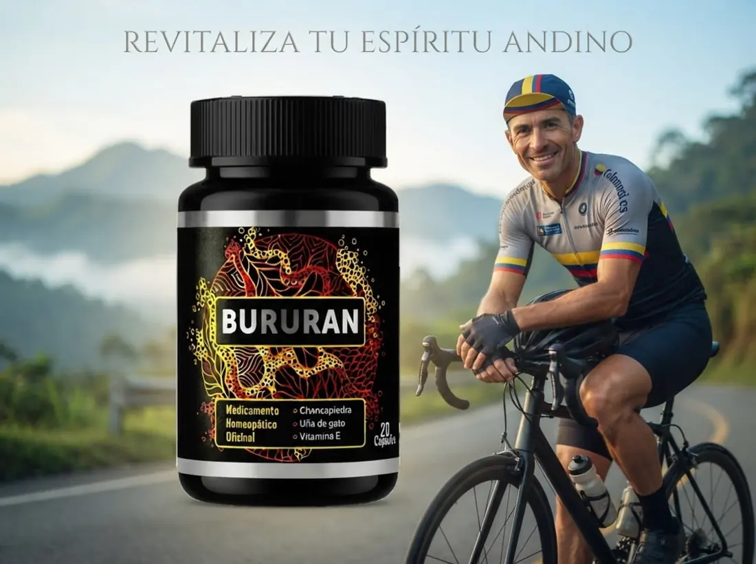 Ciclista adulto junto al envase de Bururan Colombia