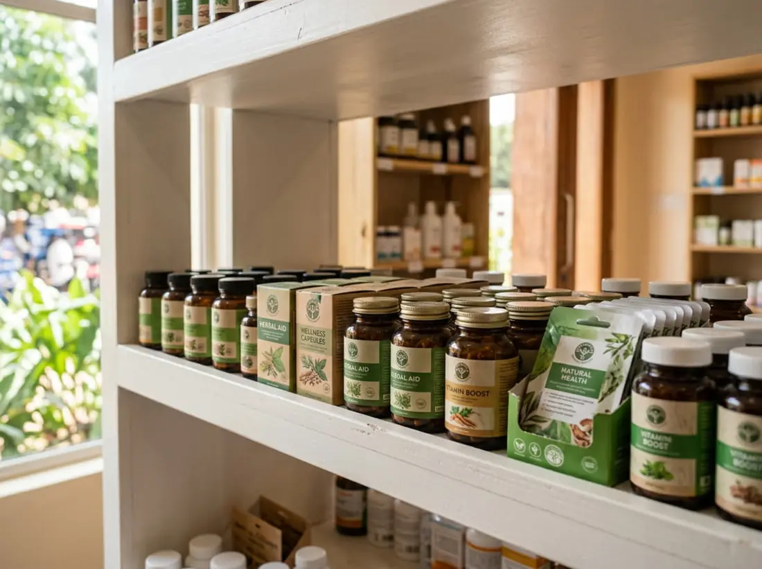 Estantería de suplementos naturales en un punto de venta